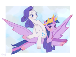 Size: 1080x810 | Tagged: safe, artist:ecor土土, imported from derpibooru, rarity, twilight sparkle, alicorn, pony, unicorn, chest fluff, crown, duo, duo female, female, flying, jewelry, lesbian, looking at each other, looking at someone, rarilight, regalia, shipping, simple background, smiling, smiling at each other, spread wings, twilight sparkle (alicorn), wings