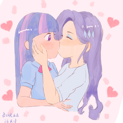 Size: 1080x1080 | Tagged: safe, artist:ecor土土, imported from derpibooru, rarity, twilight sparkle, human, equestria girls, blushing, clothes, duo, duo female, eyes closed, female, kiss on the lips, kissing, lesbian, light skin, pale skin, rarilight, shipping, simple background