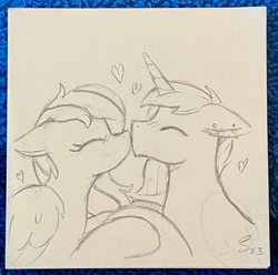 Size: 2048x2030 | Tagged: safe, artist:selenophile, imported from derpibooru, oc, oc only, oc:feather river, oc:flashnote, pegasus, pony, unicorn, ear piercing, holding hooves, kissing, piercing, sketch, traditional art