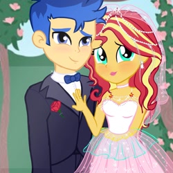 Size: 1280x1280 | Tagged: safe, artist:gisbelleart, imported from derpibooru, flash sentry, sunset shimmer, human, equestria girls, clothes, dress, duo, female, flashimmer, male, marriage, shipping, straight, tuxedo, wedding, wedding dress