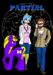 Size: 800x1120 | Tagged: safe, artist:lullabyjak, imported from derpibooru, oc, anthro, human, pony, unicorn, black background, braid, braided tail, clothes, constellation, cover art, simple background, star chart, tail