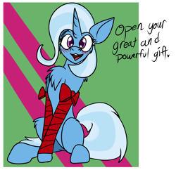 Size: 2222x2148 | Tagged: source needed, safe, artist:saolshu, imported from derpibooru, trixie, pony, unicorn, blushing, bronybait, female, gift wrapped, great and powerful, looking at you, mare, open mouth, open smile, present, ribbon, sitting, smiling, solo