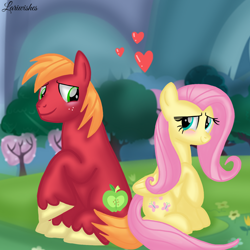 Size: 1400x1400 | Tagged: safe, artist:mlplary6, imported from derpibooru, big macintosh, fluttershy, earth pony, pegasus, pony, blushing, female, fluttermac, heart, looking at each other, looking at someone, love, male, mare, mountain, shipping, shy, sitting, smiling, smiling at each other, stallion, straight, tree