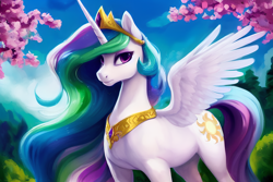 Size: 1920x1280 | Tagged: safe, derpibooru exclusive, editor:dovakkins, imported from derpibooru, princess celestia, alicorn, pony, ai content, ai generated, beautiful, blue sky, cherry blossoms, cloud, female, flower, flower blossom, generator:stable diffusion, horn, jewelry, long mane, makeup, mare, peytral, regalia, sky, solo, tail, tree, wavy mane, wavy tail, wings