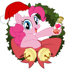 Size: 575x575 | Tagged: safe, artist:tiarawhy, imported from derpibooru, pinkie pie, earth pony, pony, christmas, christmas wreath, female, hat, hearthswarming heat, holiday, santa hat, simple background, solo, transparent background, wreath