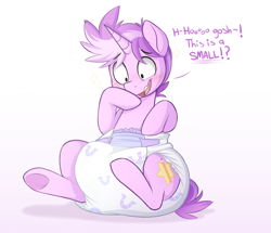 Size: 1560x1340 | Tagged: safe, artist:shuphle, imported from derpibooru, oc, oc only, oc:starling, pony, unicorn, blushing, diaper, diaper fetish, fetish, frog (hoof), non-baby in diaper, open mouth, open smile, poofy diaper, sitting, smiling, solo, underhoof