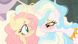 Size: 1280x720 | Tagged: safe, artist:webkinzworldz, edit, edited screencap, imported from derpibooru, screencap, fluttershy, princess celestia, alicorn, flutter pony, pegasus, pony, horse play, alternate design, antenna, antennae, duo, ear fluff, eyeshadow, freckles, freckleshy, jewelry, looking at each other, looking at someone, makeup, necklace, race swap