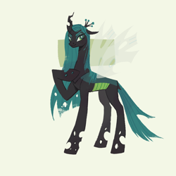Size: 1280x1280 | Tagged: safe, artist:maggie0li, artist:overthemaginot, imported from derpibooru, queen chrysalis, changeling, changeling queen, concave belly, crown, female, hoof on chest, jewelry, long mane, looking at you, mare, regalia, simple background, slim, smiling, smirk, solo, standing, thin, transparent wings, white background, wings