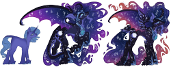 Size: 2218x872 | Tagged: safe, artist:kazmuun, imported from derpibooru, nightmare moon, princess luna, pony, unicorn, age progression, alternate design, concave belly, curved horn, height difference, horn, older, quadrupedal, simple background, slim, story included, tall, thin, transparent background, unshorn fetlocks
