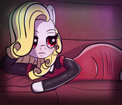 Size: 1024x878 | Tagged: safe, artist:undisputed, imported from derpibooru, oc, oc only, oc:marigold gloriosa, earth pony, pony, clothes, couch, dress, earth pony oc, eyebrows, fanfic, fanfic art, female, frown, hoof on head, lidded eyes, lying down, mare, on side, solo