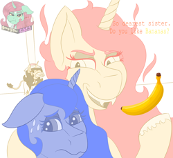 Size: 1312x1200 | Tagged: safe, artist:gray star, imported from derpibooru, daybreaker, princess luna, oc, oc:minty shine (graystar), alicorn, classical unicorn, unicorn, banana, cloven hooves, fangs, food, gentlemen, impossibly large hat, leonine tail, mane of fire, shitposting, simple background, sweat, sweatdrop, threatening, unshorn fetlocks, white background