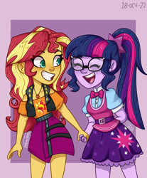 Size: 1900x2300 | Tagged: safe, artist:kikimi34454, imported from derpibooru, sci-twi, sunset shimmer, twilight sparkle, human, equestria girls, eyes closed, female, grin, high res, holding hands, open mouth, open smile, sci-twi outfits, smiling