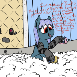 Size: 600x600 | Tagged: source needed, safe, artist:thebathwaterhero, imported from twibooru, oc, oc:silent night, earth pony, cyoa:semantic error, amputee, bath, bubble bath, cyberpunk, image, playing, png, prosthetic leg, prosthetic limb, prosthetics, rubber duck, smiling