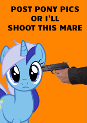 Size: 753x1060 | Tagged: safe, artist:bonemareoh, minuette, human, pony, unicorn, caption, female, gun, hand, image macro, mare, national lampoon, orange background, simple background, solo, staring at you, text, weapon