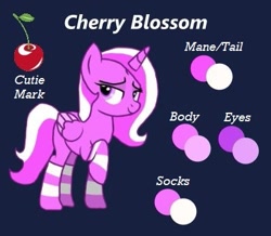 Size: 399x348 | Tagged: safe, imported from derpibooru, oc, oc only, oc:cherry blossom, alicorn, blue background, clothes, reference sheet, simple background, socks, solo, striped socks