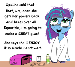 Size: 1850x1676 | Tagged: safe, artist:chopsticks, imported from derpibooru, pony, unicorn, bottle, cheek fluff, chest fluff, chipped tooth, clothes, curly mane, cute, dialogue, female, freckles, g5, glue, goggles, implied opaline arcana, innocent, lab coat, looking up, mare, microwave, misty brightdawn, mistybetes, misunderstanding, oblivious, opabitch, painfully innocent, petri dish, popsicle sticks, science, should we tell her?, simple background, solo, table, text, the implications are horrible, this will end in death, this will end in tears, this will end in tears and/or death, unaware, unshorn fetlocks, white background, you sweet summer child