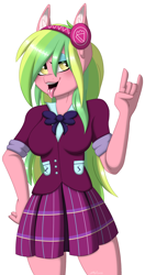 Size: 1300x2459 | Tagged: safe, artist:melodytheartpony, imported from derpibooru, lemon zest, anthro, equestria girls, friendship games, blushing, clothes, commission, eyeshadow, female, hand on hip, headphones, looking at you, makeup, multicolored hair, open mouth, pose, rock on, rolled up sleeves, shadow five, shirt, signature, simple background, skirt, smiling, solo, standing, tongue out, uniform, white background