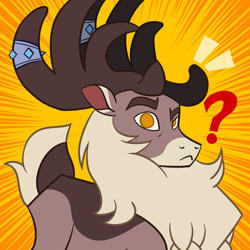 Size: 1300x1300 | Tagged: safe, artist:nonameorous, imported from derpibooru, deer, reindeer, them's fightin' herds, antlers, buck, community related, eyebrows, frown, horn, horn ring, jewelry, looking at you, question mark, raised eyebrow, ring, simple background, solo, stronghoof hoofstrong (tfh), yellow background, yellow eyes