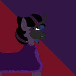 Size: 2000x2000 | Tagged: safe, artist:sh4deshad0w41, imported from derpibooru, king sombra, twilight sparkle, oc, oc only, pony, unicorn, adoptable, angry, annoyed, black mane, cloak, clothes, curved horn, fangs, horn, jewelry, male, offspring, parent:king sombra, parent:twilight sparkle, parents:twibra, purple background, purple eyes, red background, simple background, solo