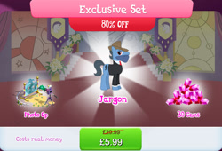 Size: 1264x858 | Tagged: safe, idw, imported from derpibooru, jargon, earth pony, pony, bundle, bush, camera, clothes, costs real money, english, gameloft, gem, hat, idw showified, male, mobile game, my little pony: magic princess, necktie, numbers, official, sale, solo, stallion, suit, text