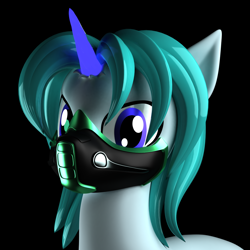 Size: 1200x1200 | Tagged: safe, alternate version, artist:argos90, imported from derpibooru, oc, oc only, pony, unicorn, 3d, 3d model, alternate character, black background, bust, mask, portrait, simple background, solo