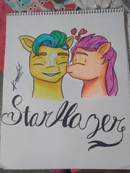 Size: 1560x2080 | Tagged: safe, artist:karina11494591, imported from derpibooru, hitch trailblazer, sunny starscout, earth pony, pony, duo, duo male and female, female, g5, heart, kissing, male, mare, photo, shipping, signature, simple background, stallion, straight, sunnyhitch, traditional art, white background