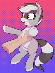 Size: 2100x2800 | Tagged: safe, artist:thebatfang, imported from derpibooru, oc, oc only, oc:bandy cyoot, human, hybrid, pony, raccoon, raccoon pony, abstract background, cute, cute little fangs, fangs, gradient background, hand, heart, heart eyes, holding a pony, ocbetes, open mouth, open smile, smiling, underhoof, wingding eyes