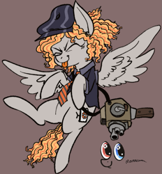 Size: 777x836 | Tagged: safe, imported from derpibooru, oc, oc:horsetv, pegasus, /mlp/ tf2 general, camera, clothes, cute, eyes closed, female, hat, heterochromia, jacket, mare, monitor, necktie, solo, sourcetv, spread wings, team fortress 2 logo, tongue out, wings
