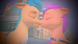 Size: 595x336 | Tagged: safe, artist:karina11494591, imported from derpibooru, hitch trailblazer, sunny starscout, earth pony, pony, 3d, cg, duo, duo male and female, female, g5, kissing, male, mare, maretime bay, shipping, stallion, straight, sunnyhitch