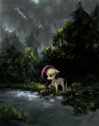 Size: 3220x4096 | Tagged: safe, artist:misstwipietwins, imported from derpibooru, fluttershy, pegasus, pony, female, forest, looking down, sad, solo, water