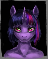 Size: 631x775 | Tagged: safe, artist:misstwipietwins, imported from derpibooru, twilight sparkle, anthro, unicorn, black background, bust, creepy, female, frame, green eyes, looking at you, simple background, solo