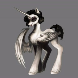 Size: 4096x4096 | Tagged: safe, artist:misstwipietwins, imported from derpibooru, alicorn, pony, absurd resolution, alicorn oc, fangs, female, gray background, horn, lady dimitrescu, long horn, looking down, one wing out, open mouth, open smile, partially open wings, ponified, simple background, smiling, solo, unshorn fetlocks, wings