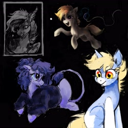 Size: 4096x4096 | Tagged: safe, artist:misstwipietwins, imported from derpibooru, oc, oc only, oc:cookie malou, oc:nootaz, oc:vylet, earth pony, pegasus, unicorn, black background, clothes, coat markings, ear piercing, earring, female, glasses, headphones, hoodie, jewelry, leonine tail, piercing, sharp teeth, simple background, tail, teeth