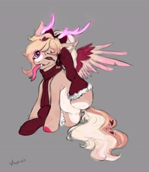 Size: 3531x4096 | Tagged: safe, artist:misstwipietwins, imported from derpibooru, oc, oc only, original species, pony, antlers, behaving like a cat, butt, clothes, coat markings, colored wings, dock, ear scratch, fangs, female, forked tongue, glowing, glowing horn, gray background, horn, long tongue, multicolored wings, one eye closed, plot, scarf, simple background, socks, tail, tongue out, wings