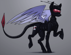 Size: 2579x2004 | Tagged: safe, artist:fenixdust, imported from derpibooru, oc, oc:azure, pony, antenna, armor, armored pony, blade, bodysuit, character, clothes, female, full body, helmet, intimidating, logo, mare, mercenary, military, military pony, science fiction, simple background, solo, suit, tail, visor, walking, wings, xenestra corporation