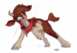 Size: 3852x2650 | Tagged: safe, artist:winpuss, imported from derpibooru, cow, them's fightin' herds, arizona, arizona (tfh), bandana, cloven hooves, community related, female, grin, high res, raised hoof, signature, simple background, smiling, solo, white background