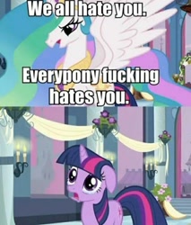 Size: 720x847 | Tagged: safe, edit, imported from derpibooru, screencap, princess celestia, twilight sparkle, alicorn, pony, unicorn, a canterlot wedding, abuse, caption, crying, duo, duo female, female, image macro, mare, out of character, spread wings, text, unicorn twilight, vulgar, wings