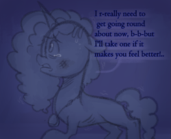 Size: 841x682 | Tagged: safe, anonymous artist, imported from derpibooru, pony, unicorn, series:misty pov, bruised, concave belly, cornrows, crying, dark background, dialogue, emaciated, female, g5, jewelry, limited palette, malnourished, mare, missing limb, misty brightdawn, necklace, raised hoof, ribs, shaking, side view, skinny, solo, teary eyes, thin