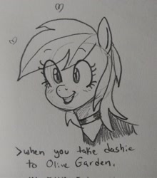 Size: 1806x2048 | Tagged: safe, artist:pony quarantine, imported from derpibooru, rainbow dash, pegasus, pony, bust, choker, female, floating heart, grayscale, grin, heart, mare, monochrome, pencil drawing, sketch, smiling, solo, text, traditional art
