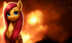 Size: 2560x1536 | Tagged: safe, artist:darbarri, derpibooru exclusive, imported from derpibooru, fluttershy, pegasus, pony, ai assisted, ai content, chest fluff, female, folded wings, generator:stable diffusion, looking at you, mare, smiling, solo, wallpaper, wings