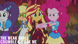 Size: 2000x1125 | Tagged: safe, edit, edited screencap, editor:quoterific, imported from derpibooru, screencap, applejack, pinkie pie, rarity, sunset shimmer, human, equestria girls, equestria girls series, sunset's backstage pass!, spoiler:eqg series (season 2), music festival outfit