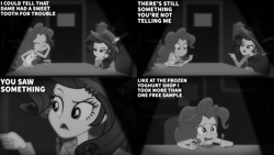 Size: 2000x1125 | Tagged: safe, edit, edited screencap, editor:quoterific, imported from derpibooru, screencap, pinkie pie, rarity, human, equestria girls, equestria girls series, rarity investigates: the case of the bedazzled boot, black and white, detective rarity, frozen yogurt, grayscale, interrogation, monochrome, noir, rarity investigates (eqg): pinkie pie, spoon, spotlight, table