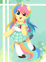 Size: 1500x2000 | Tagged: source needed, safe, artist:ely亚兔子, imported from derpibooru, oc, oc only, oc:lemon, pony, unicorn, bipedal, clothes, happy, heterochromia, horn, smiling, solo, standing, standing on one leg, unicorn oc, uniform