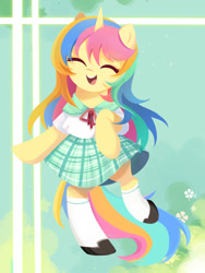 Size: 1500x2000 | Tagged: safe, artist:ely亚兔子, imported from derpibooru, oc, oc only, oc:lemon, pony, unicorn, bipedal, clothes, happy, horn, smiling, solo, standing, standing on one leg, unicorn oc, uniform