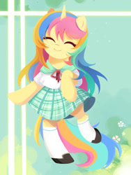 Size: 1500x2000 | Tagged: safe, artist:ely亚兔子, imported from derpibooru, oc, oc only, oc:lemon, pony, unicorn, bipedal, clothes, happy, horn, smiling, solo, standing, standing on one leg, unicorn oc, uniform