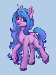 Size: 1888x2527 | Tagged: safe, artist:meishavo, imported from derpibooru, izzy moonbow, pony, unicorn, blue background, bracelet, eye clipping through hair, eyebrows, eyebrows visible through hair, female, friendship bracelet, g5, jewelry, mare, signature, simple background, solo, unshorn fetlocks