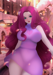 Size: 2894x4093 | Tagged: safe, artist:lynabyssartist, imported from derpibooru, pinkie pie, human, alternate hairstyle, breasts, busty pinkie pie, commission, eared humanization, high res, humanized, pinkamena diane pie, solo