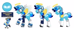 Size: 3826x1536 | Tagged: safe, artist:equestria secret guard, imported from derpibooru, oc, oc only, oc:radiant windstar, alicorn, alicorn oc, angel, clothes, halo, horn, male, scooter, simple background, spread wings, stallion, white background, wings