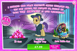 Size: 1956x1298 | Tagged: safe, idw, imported from derpibooru, earth pony, pony, advertisement, bush, chains, clothes, costs real money, english, gameloft, gangster, gem, hat, idw showified, male, mobile game, musical instrument, my little pony: magic princess, necktie, numbers, official, piano, pinstripes, sale, solo, speaker, stallion, suit, text, unnamed character, unnamed pony