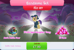 Size: 1268x861 | Tagged: safe, idw, imported from derpibooru, earth pony, pony, bundle, bush, chains, clothes, costs real money, english, gameloft, gangster, gem, hat, idw showified, male, mobile game, musical instrument, my little pony: magic princess, necktie, numbers, official, piano, pinstripes, sale, solo, speaker, stallion, suit, text, unnamed character, unnamed pony